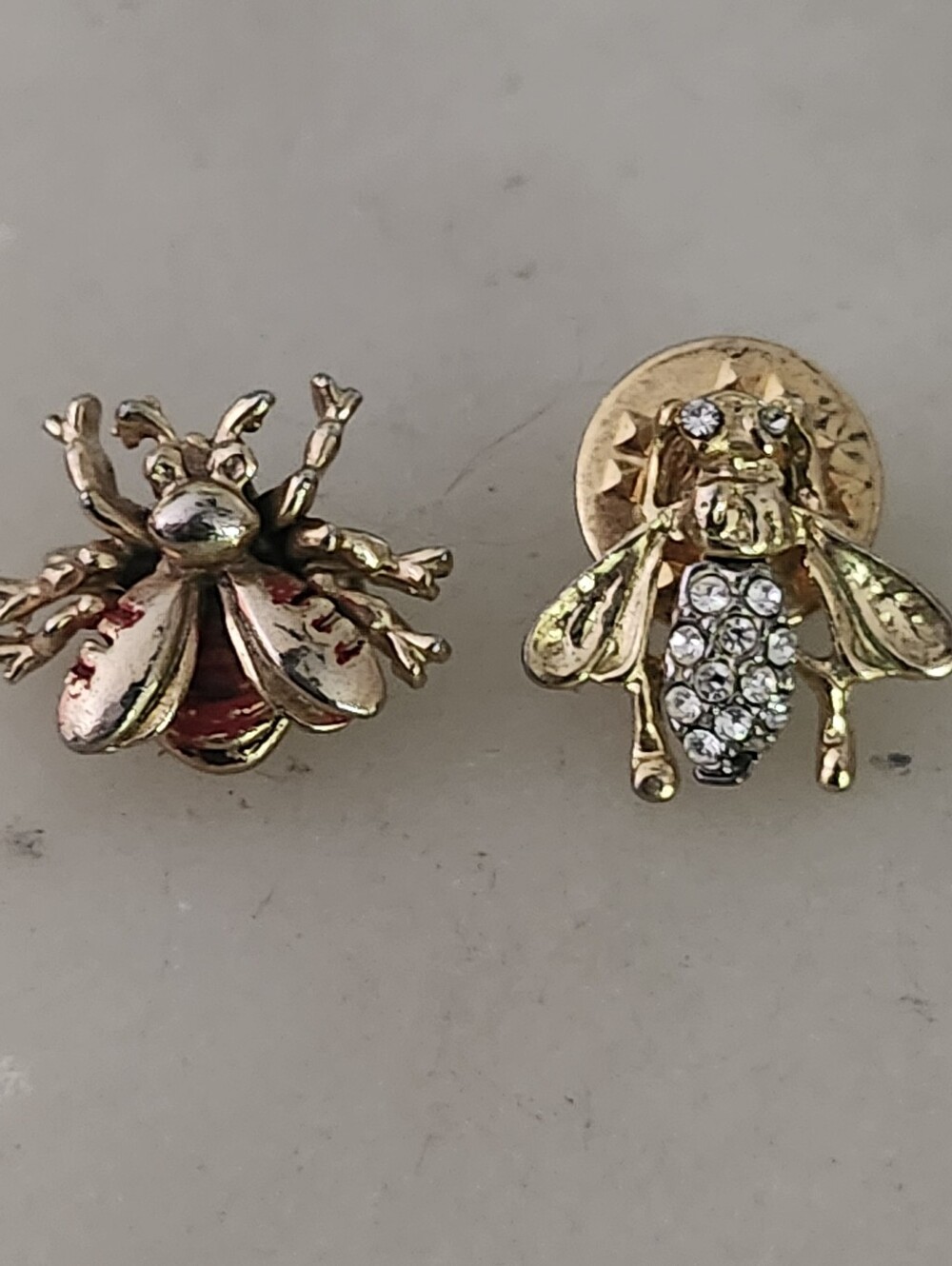 Beautiful Gold Tone Bee & Bee with Clear Crystal Accents Lapel Pins- Set Of 2